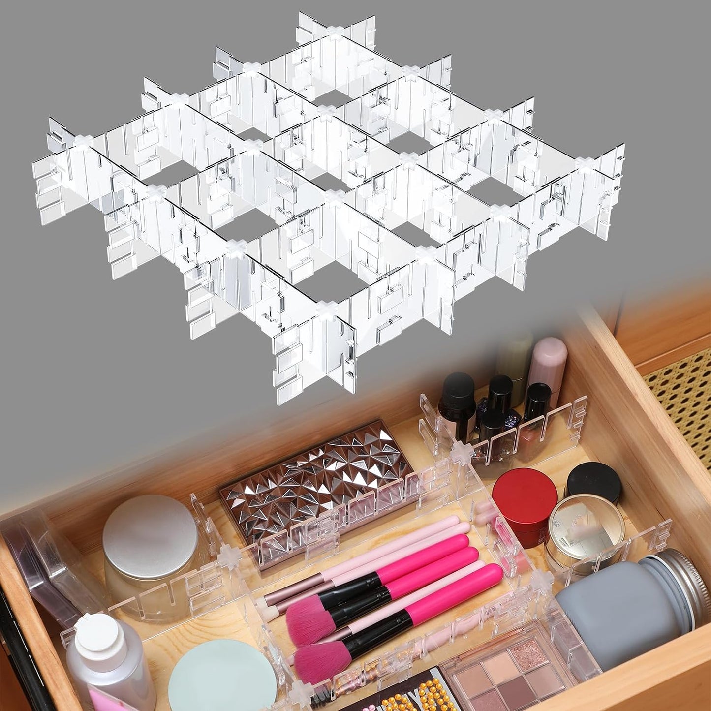 45 Pcs Adjustable Clear Drawer Dividers with Fixed Buckle DIY Plastic Drawer Organizer Box Dividers Back to School Gift for Sock Underwear Makeup Kitchen Bedroom Dresser Office Storage(Clear)
