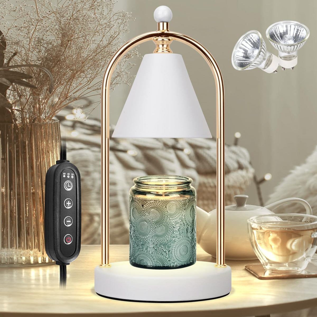 Candle Warmer Lamp with Timer, Electric Black Candle Warming Light for Bedroom, Dimmable Wax Melts Warmer for Home Decor Beside Lamp Gifts for Women (2 Bulbs Included)