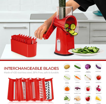 SUSTEAS Rotary Cheese Grater 5 Blades,Kitchen Mandoline Vegetable Slicer | White, Easy to Clean, Strong Suction Base, 5 Blades Storage Box, Round Mandoline Slicer & Food Chopper for Salad