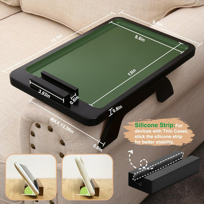 Couch Arm Tray,Bamboo Sofa Clip on Side Table,Foldable Couch Armrest Table with 360°Rotating Phone Holder,Anti Slip Food Trays for Eating/Drinks/Snacks/Remotes 15.35" x 9.85"
