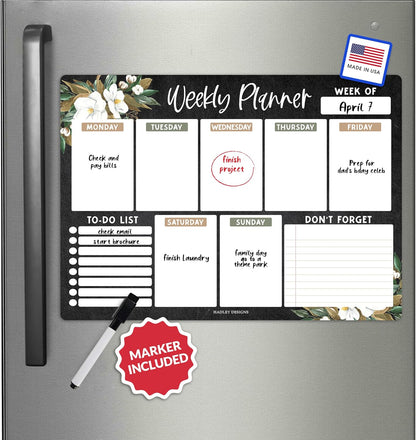 Hadley Designs Magnetic Weekly Planner for Fridge - Greenery Weekly Dry Erase Board, Week Magnetic Calendar for Refrigerator, Week Planner Board, Magnet Schedule Planners for Fridge