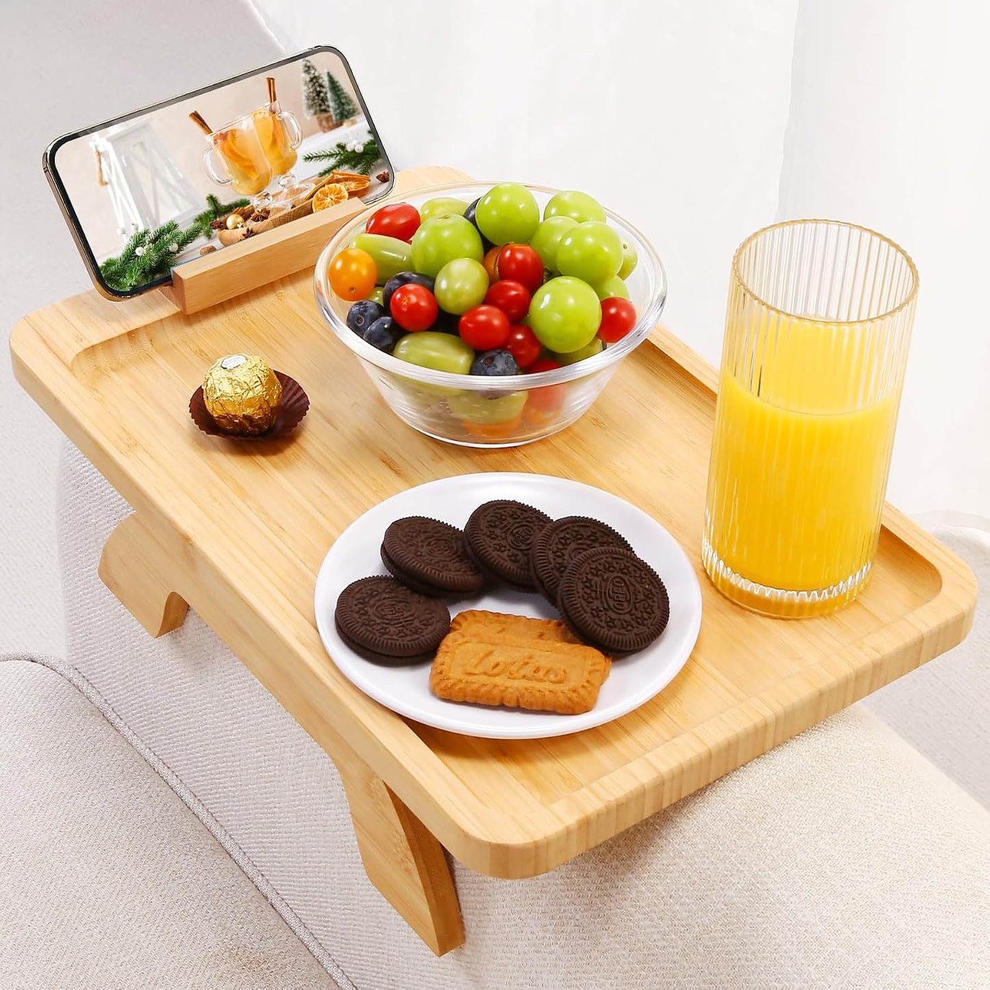 Couch Arm Tray,Bamboo Sofa Clip on Side Table,Foldable Couch Armrest Table with 360°Rotating Phone Holder,Anti Slip Food Trays for Eating/Drinks/Snacks/Remotes 15.35" x 9.85"