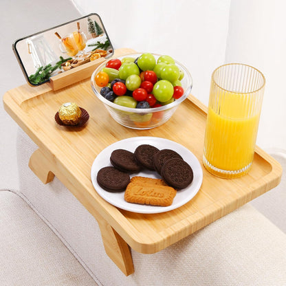 Couch Arm Tray,Bamboo Sofa Clip on Side Table,Foldable Couch Armrest Table with 360°Rotating Phone Holder,Anti Slip Food Trays for Eating/Drinks/Snacks/Remotes 15.35" x 9.85"