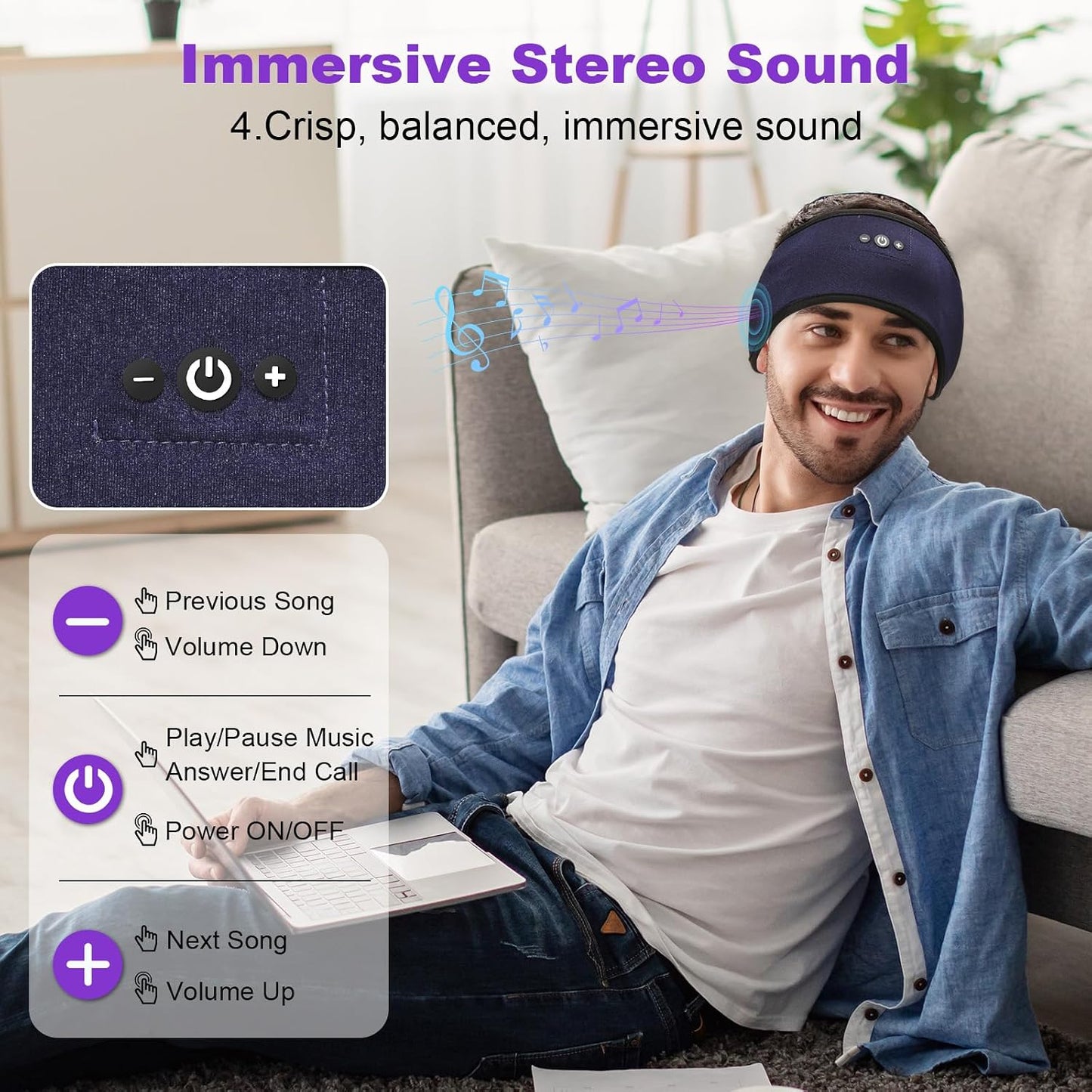 Sleeping Headphones Headband with Adjustable Hook and Loop, Bluetooth Headband Headphones for Sleeping Workout Running Yoga Gift - Unisex Purple