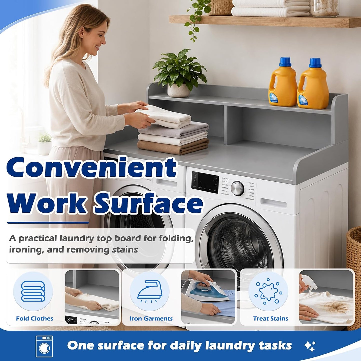 Royxen Laundry Countertop with Storage Universal Fit, Washer and Dryer Countertop with Shelf, Laundry Room Storage, 2-Tier Shelf (Oak)