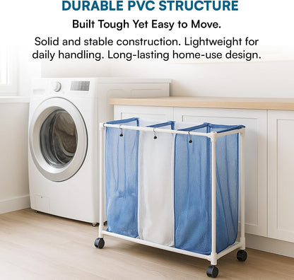 Honey-Can-Do HMP-01629 3 bag mesh laundry sorter, 30.5" x 15.3" x 30" , Blue/White