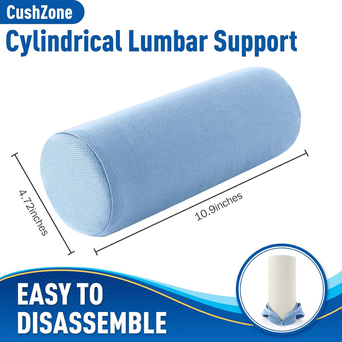 CushZone Lumbar Roll Support Pillow, Memory Foam Back Cushion, Black