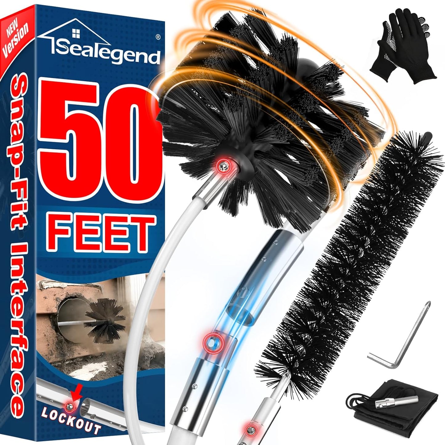 Sealegend 50Ft Dryer Vent Cleaner Kit, Flexible Lint Remover | Upgraded Quick-Snap Brush with Drill Attachment for Easy to Use, Deep Clean, Lint Removal, Easy DIY Assembly, Home Essential