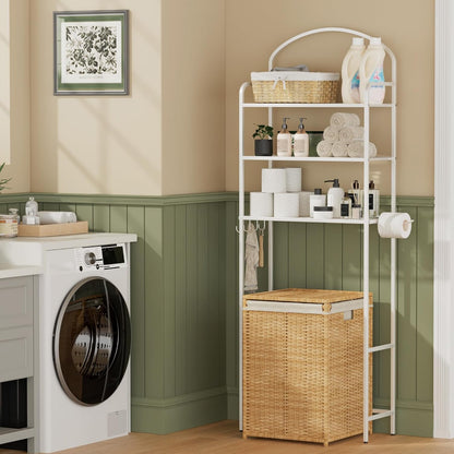 3 Tier Over The Toilet Storage Rack, Bathroom Organizer | Toilet Storage with 4 Hooks & Paper Holder, Space-Saving, Freestanding Bathroom Shelf, Metal, White