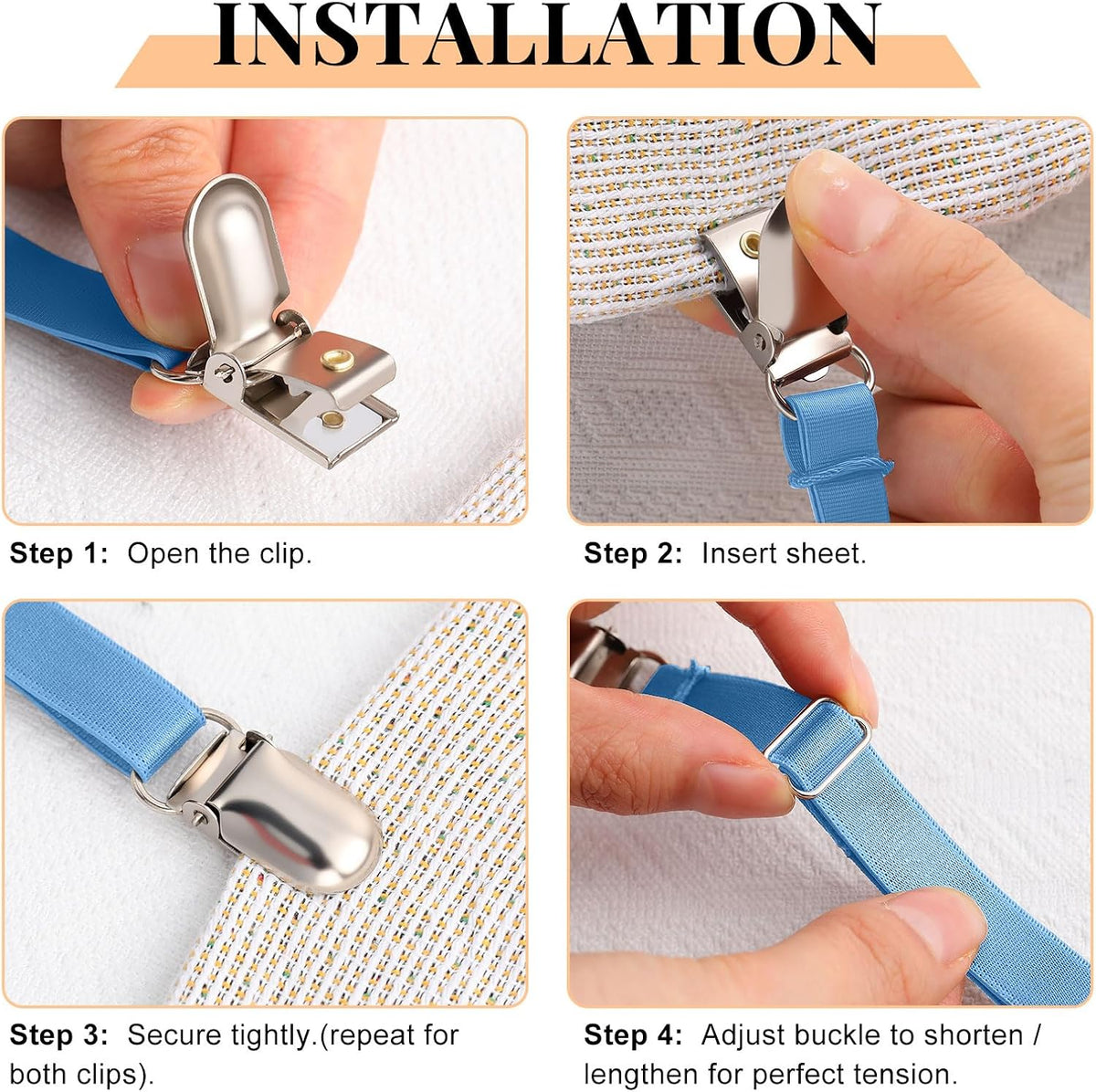 Boao 12 Pcs Bedsheet Strap Elastic Clip, White, 4-8 Inch Length