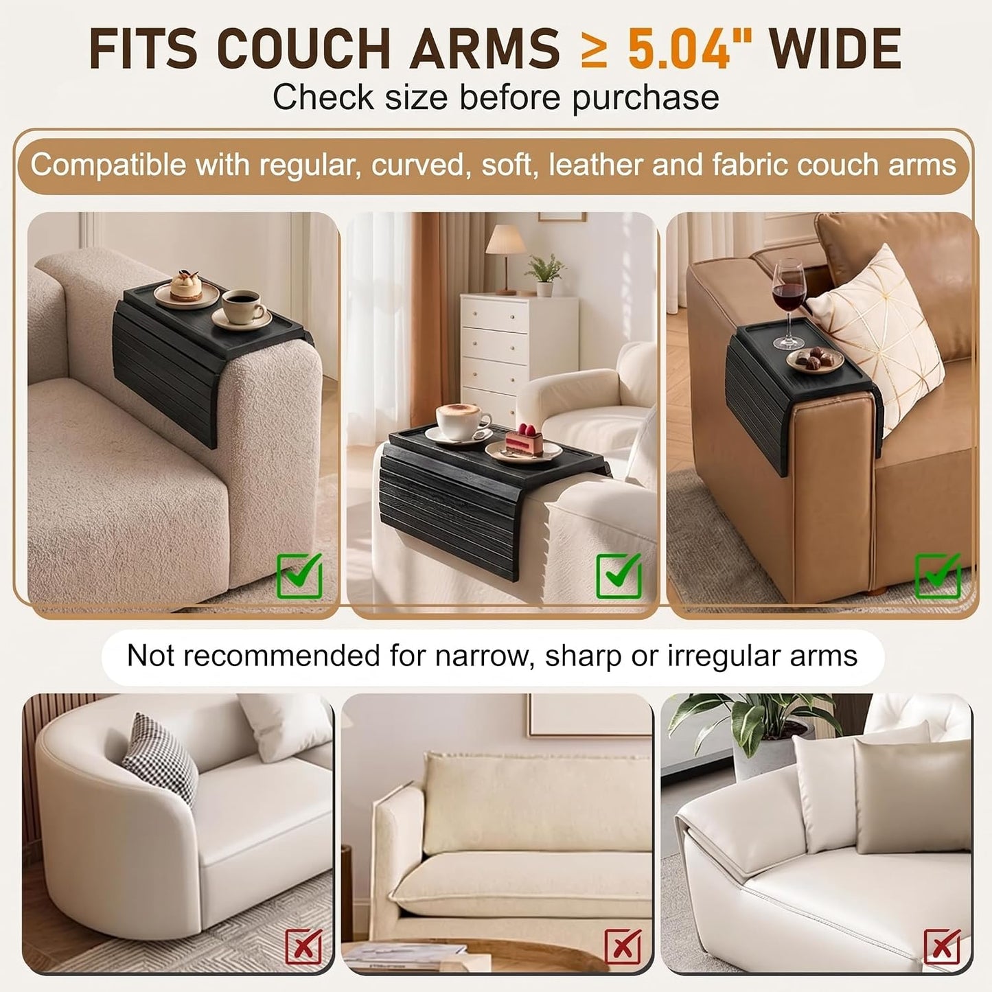 Acacia Wood Couch Armrest Table, Couch Arm Tray, Foldable Anti-Slip Wood Couch Tray, Sofa Cup Holder for Drink Snacks Remote Control