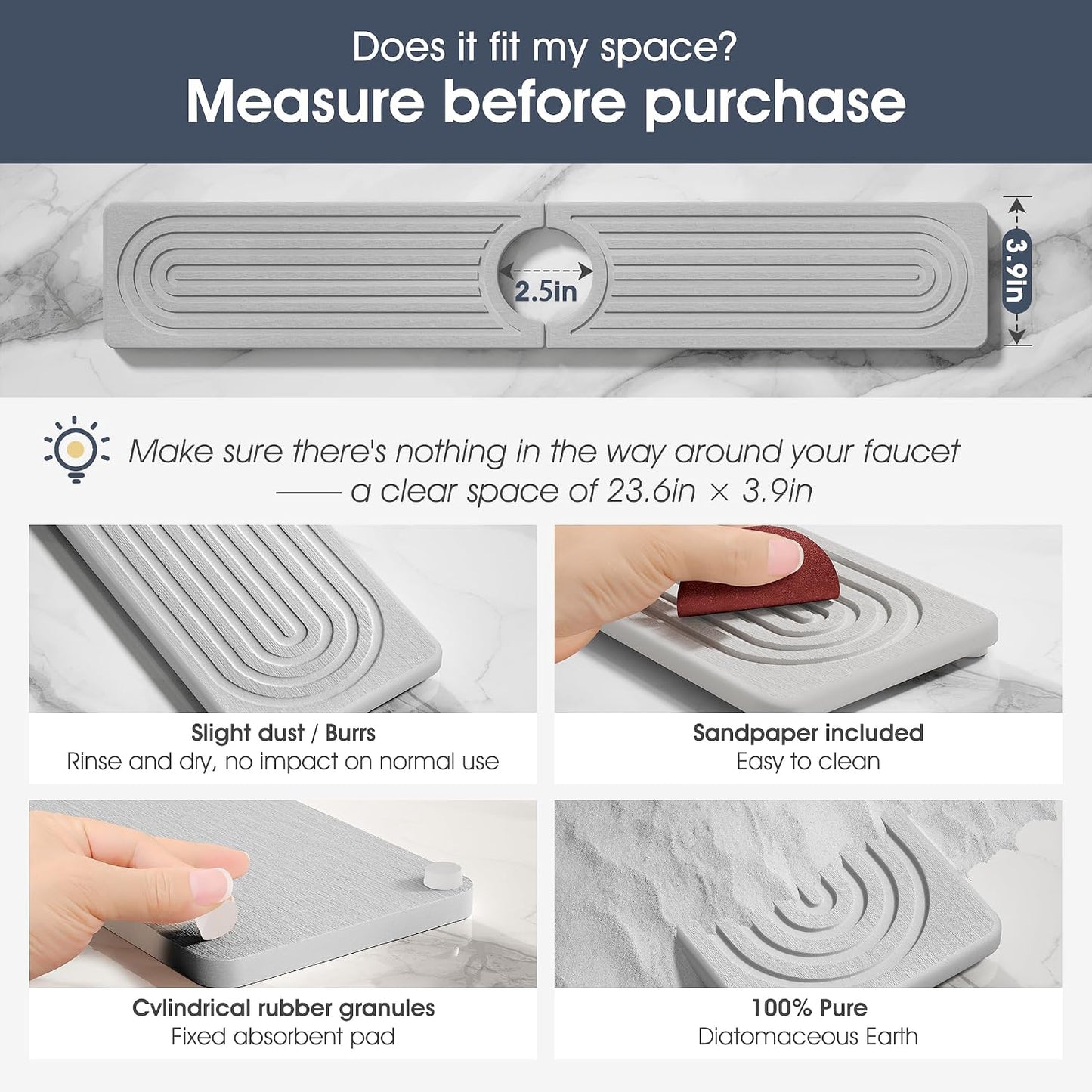 Quick Drying Stone Faucet Mat for Kitchen Sink - Diatomite Sink Mat Absorbing Stone Tray for Bathroom Counter, Sink Faucet Splash Guard Water Protector Matt for Kitchen Counter(White, 14" x 3.9")