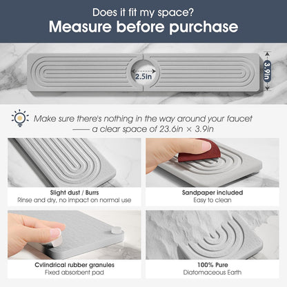 Quick Drying Stone Faucet Mat for Kitchen Sink - Diatomite Sink Mat Absorbing Stone Tray for Bathroom Counter, Sink Faucet Splash Guard Water Protector Matt for Kitchen Counter(White, 14" x 3.9")