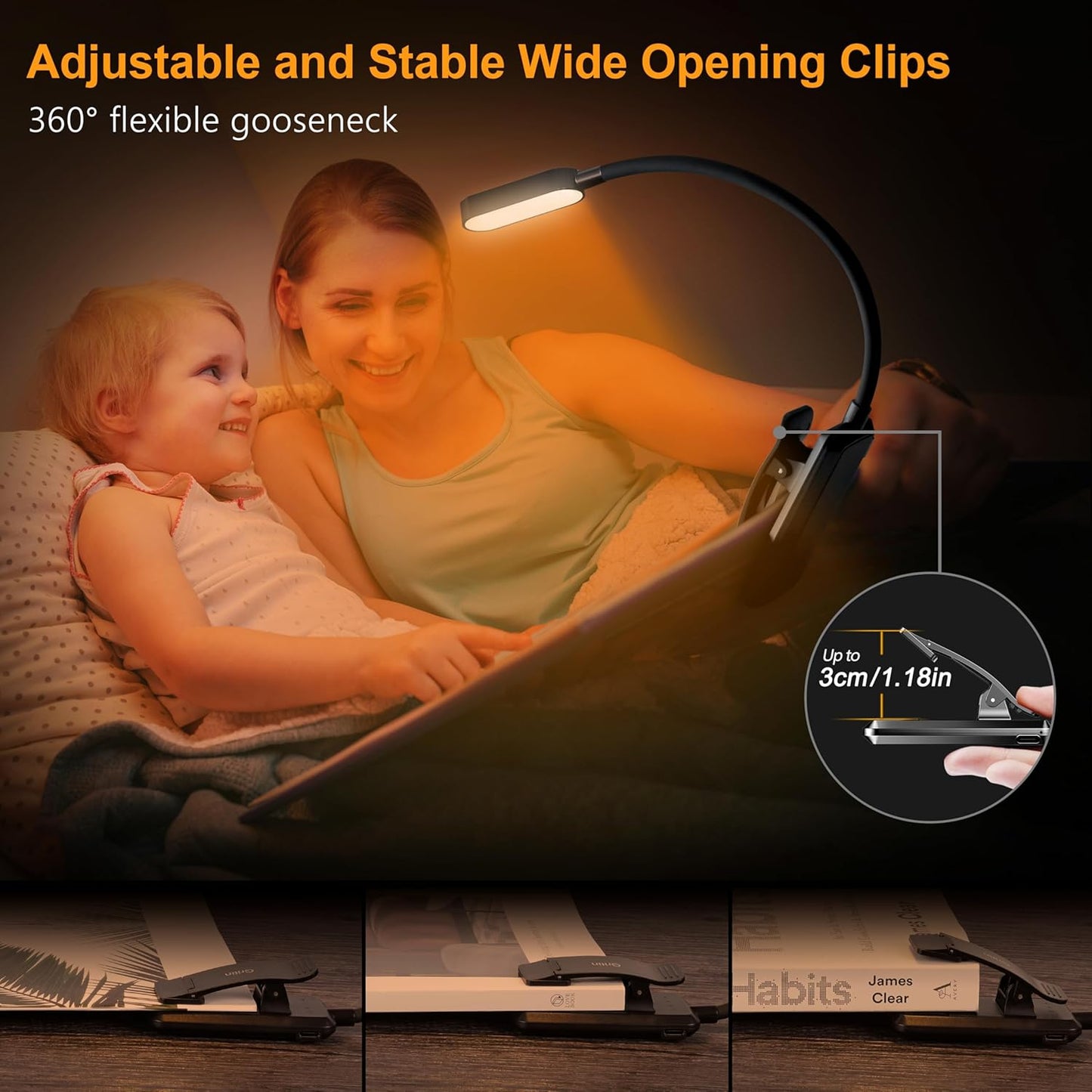 Gritin 16 LED Rechargeable Book Light for Reading in Bed | Eye Caring 3 Color Temperatures,Stepless Dimming Brightness,80 Hrs Runtime,Lightweight Flexible Clip on Light for Book Lovers