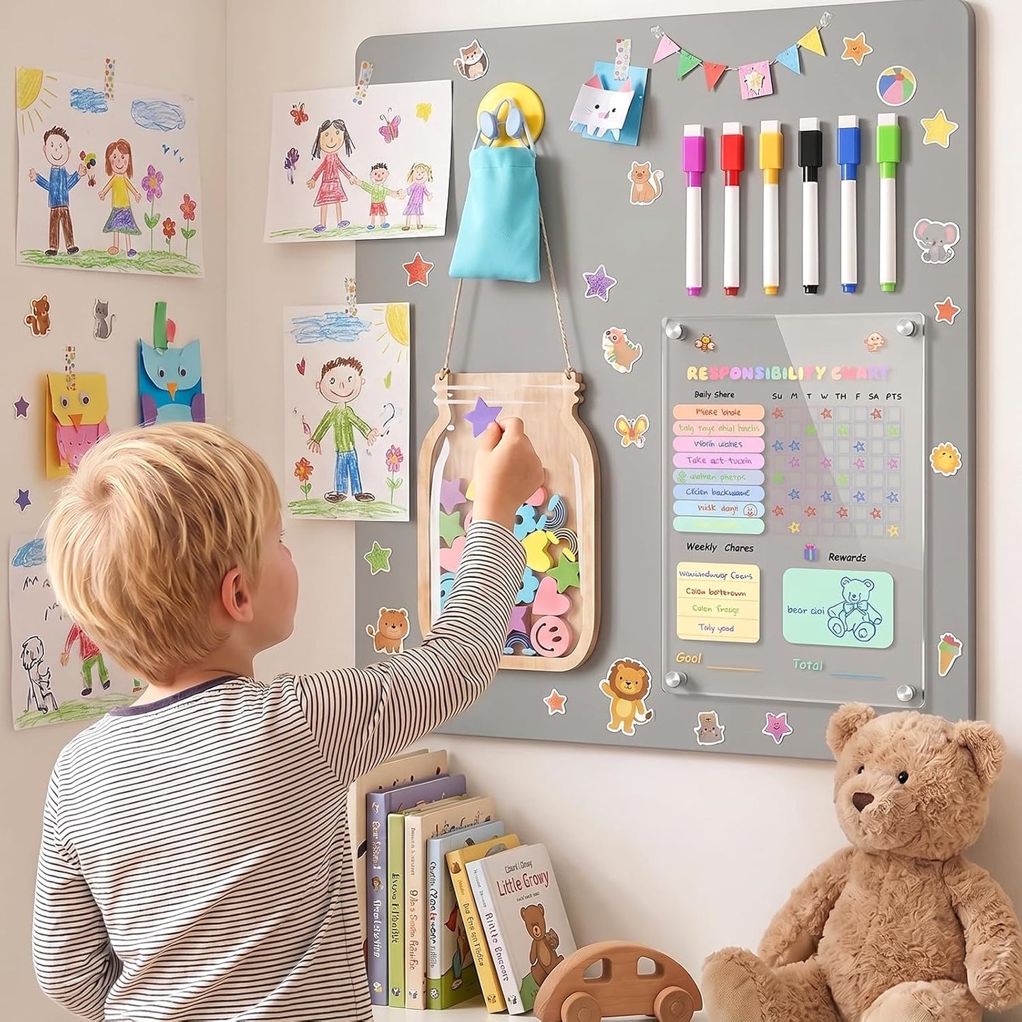 Acrylic Magnetic Chore Board for Kids | Dry Erase Fridge Calendar & Star Reward Jar, Visual Schedule, Potty Training Tracker with Wooden Stars, Markers & Stickers