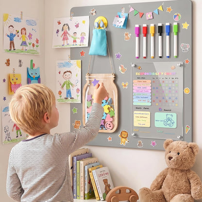 Acrylic Magnetic Chore Board for Kids | Dry Erase Fridge Calendar & Star Reward Jar, Visual Schedule, Potty Training Tracker with Wooden Stars, Markers & Stickers