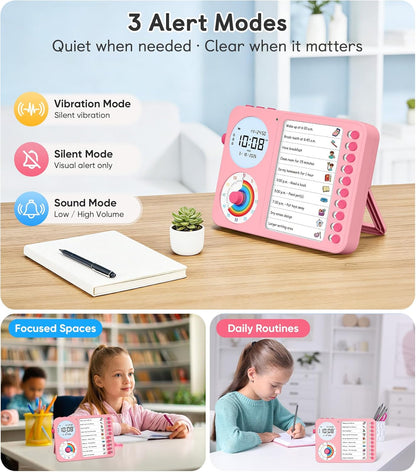 3-in-1 Visual Timer & ADHD Tool for Kids with Chore Chart & Planning Board | ADHD Timer with Digital Clock, Silent Task Timer for Adults with Visual Schedule for Home, School, Classroom, Work (Pink)