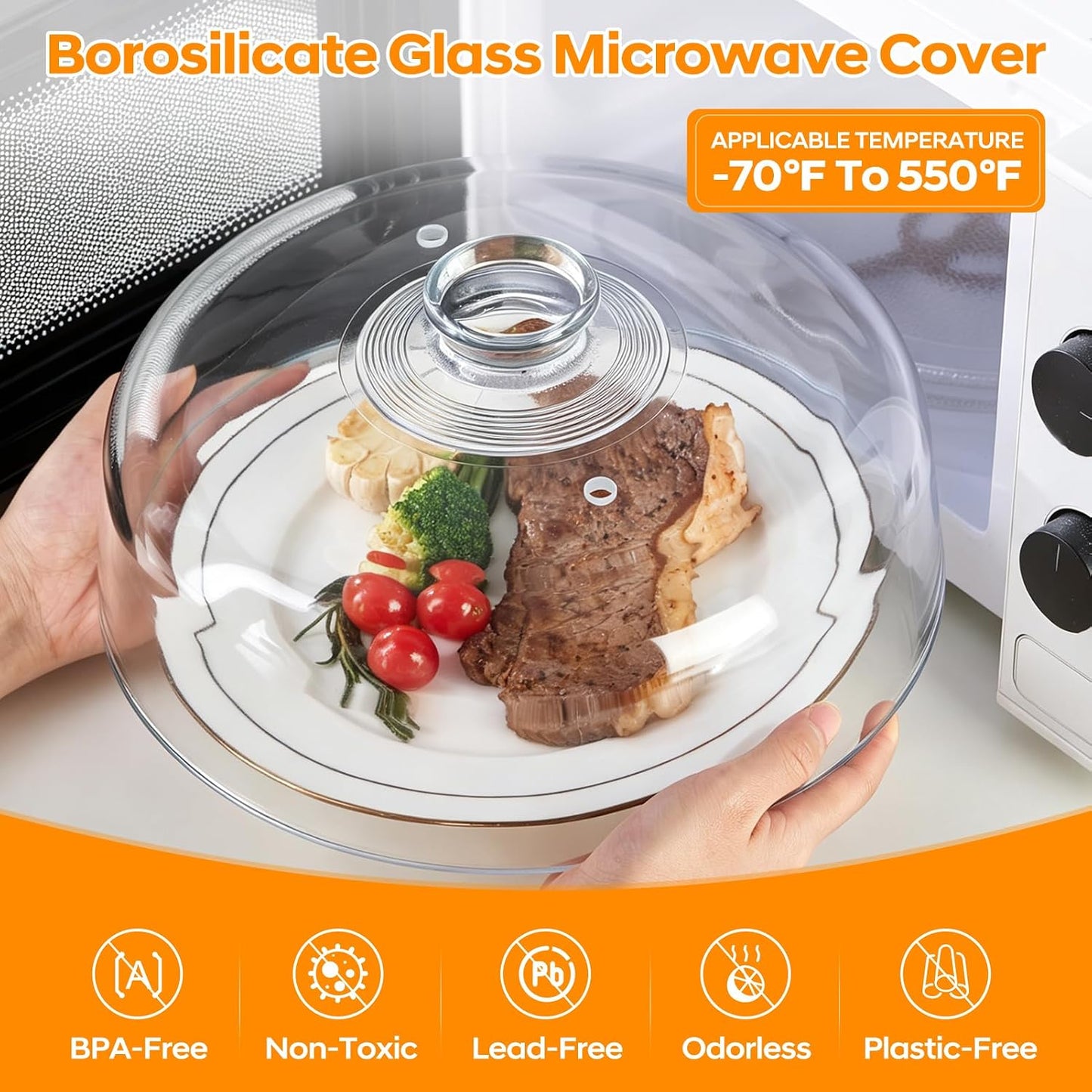 Heavy 12 Inch Borosilicate Glass Microwave Splatter Cover for Food | All Glass Tall Splatter Guard Microwave Plate Serving Dish Covers Lid with Handle for Heating Food
