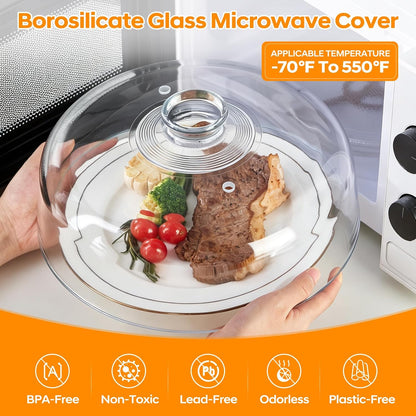 Heavy 12 Inch Borosilicate Glass Microwave Splatter Cover for Food | All Glass Tall Splatter Guard Microwave Plate Serving Dish Covers Lid with Handle for Heating Food
