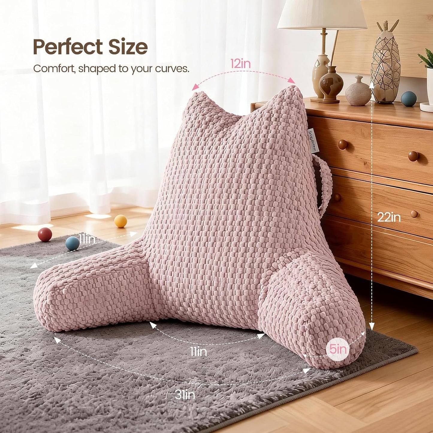 Standard Reading Pillow for Bed Sitting Up, Backrest Pillow with Shredded Memory Foam Filling, Back Support Cushion, Bed Rest Pillow with Arms, Pockets and Washable Cover-Grey