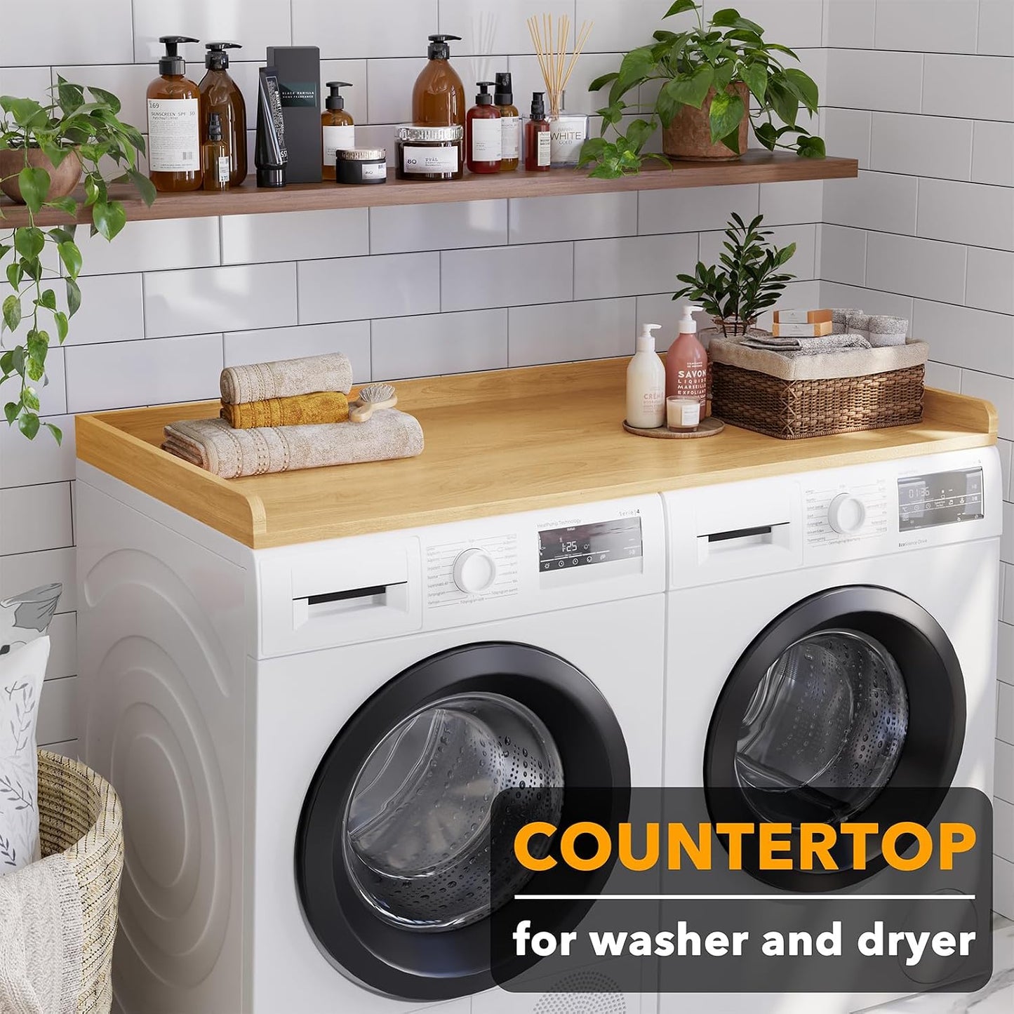 SpaceAid Washer Dryer Countertop, Laundry Wood Shelf Topper with Edge, 54" Width x 27.5" Depth Cover Guard Organizer for Washer and Dryer Laundry Hamper Counter Storage Organization (Black)