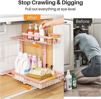 PXRACK Under Sink Organizer, Adjustable Height, 2 Tier Pull Out Under Cabinet Organizer, Slide Out Thickened Metal Under Sink Storage for Kitchen Bathroom Laundry Pantry Cabinet, White, Large-2-Pack