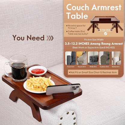 Couch Arm Tray,Bamboo Sofa Clip on Side Table,Foldable Couch Armrest Table with 360°Rotating Phone Holder,Anti Slip Food Trays for Eating/Drinks/Snacks/Remotes 15.35" x 9.85"