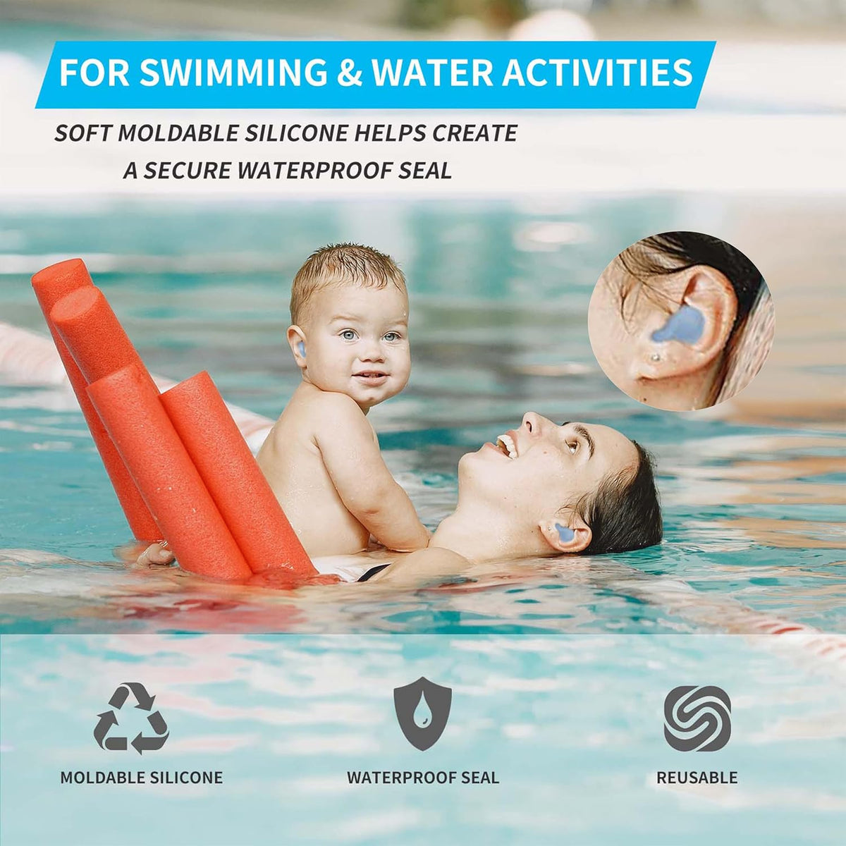 LYSIAN Moldable Silicone Ear Plugs for Sleep and Swim, 5 Pairs, Blue