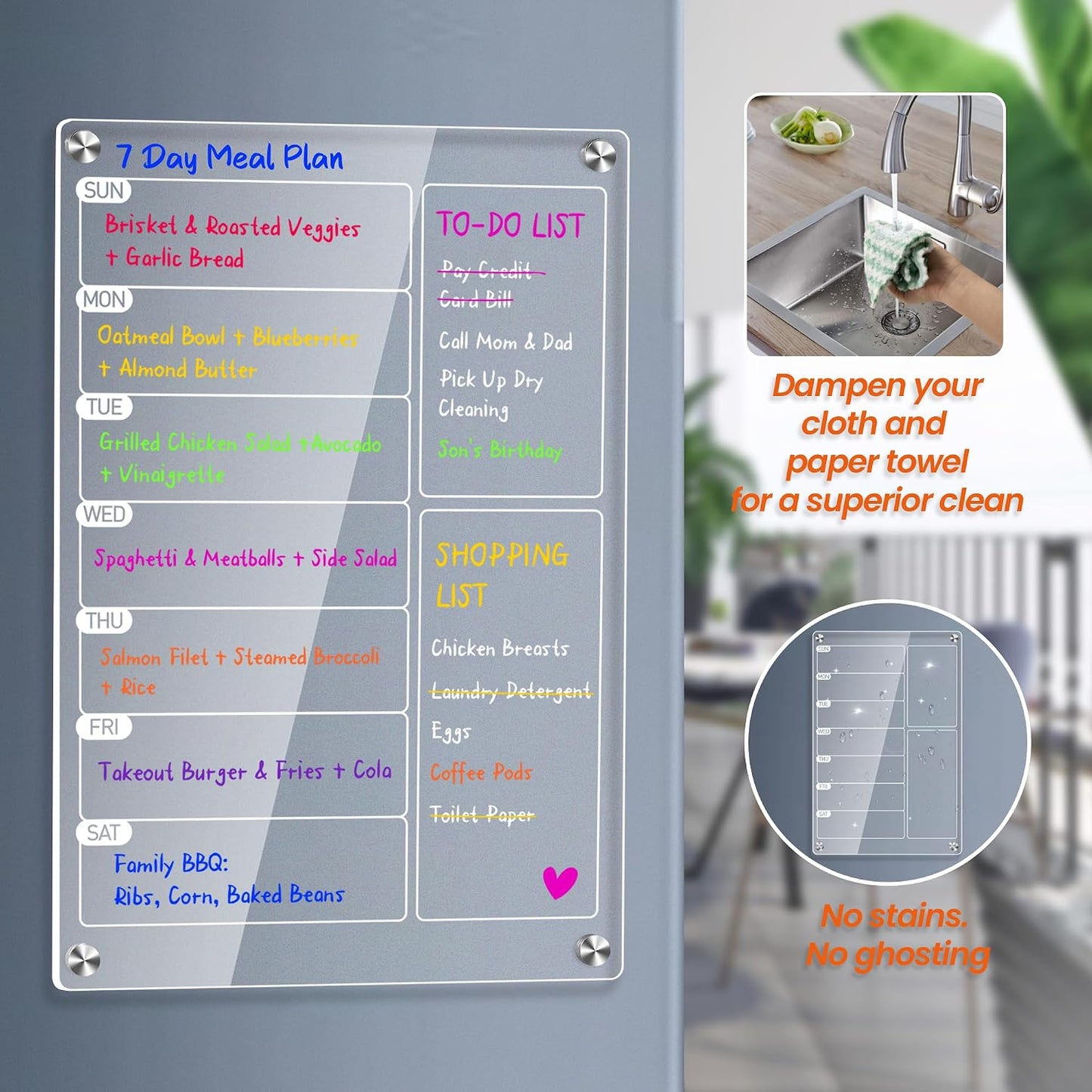 2 Pack Acrylic Magnetic Meal Planner for Fridge, Weekly Planner&Menu Board | With 8 Markers & 1 Towel, Magnetic Weekly Calendar For Fridge, To Do, Grocery & Chore Chart, Organization For Kitchen, White