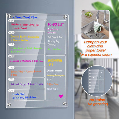 2 Pack Acrylic Magnetic Meal Planner for Fridge, Weekly Planner&Menu Board | With 8 Markers & 1 Towel, Magnetic Weekly Calendar For Fridge, To Do, Grocery & Chore Chart, Organization For Kitchen, White