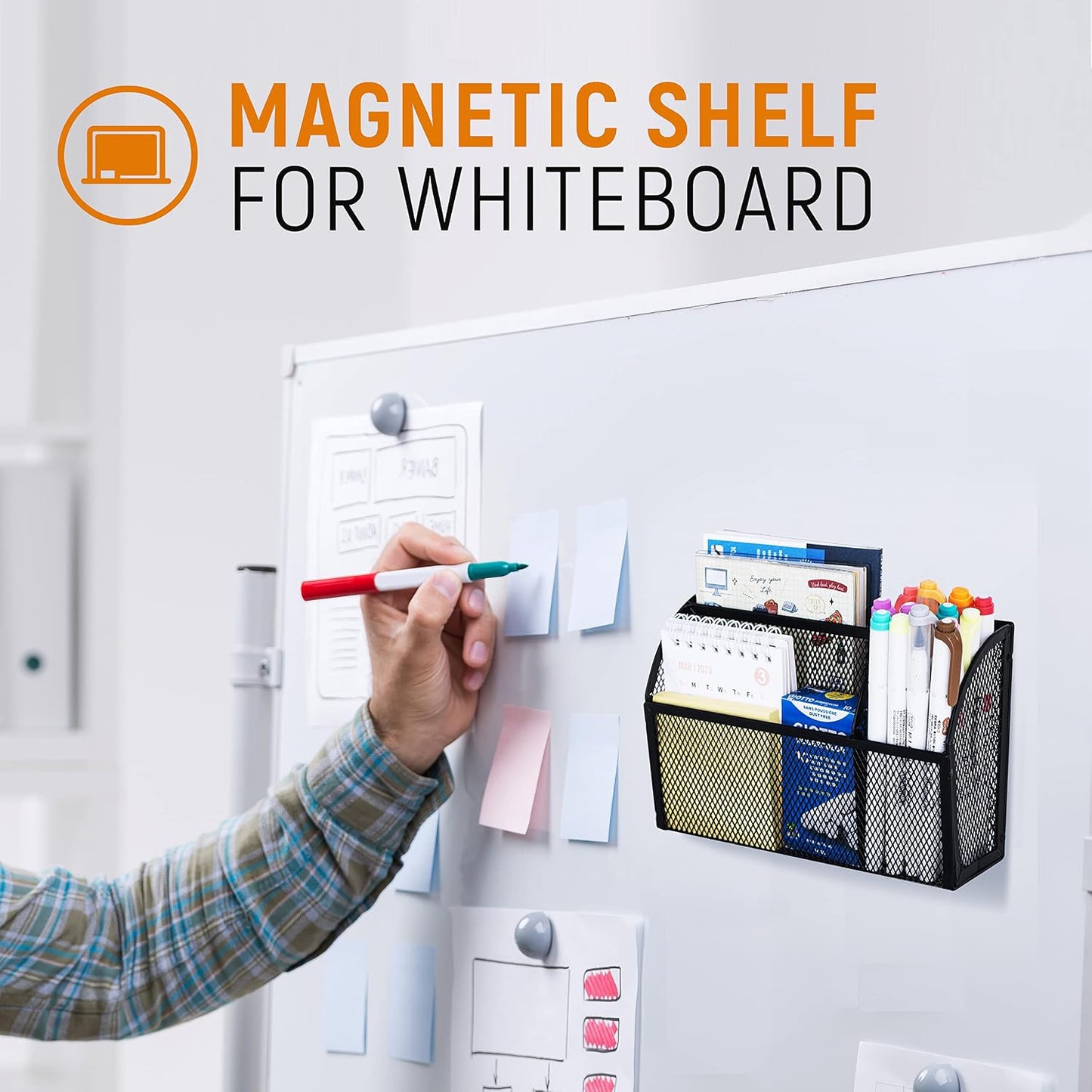3-Grid Magnetic Pencil Holder, Strong Magnet Locker Organizer, Black | Mesh Magnetic Shelf, Marker Holder Perfect for Whiteboard, Refrigerator and Locker Accessories