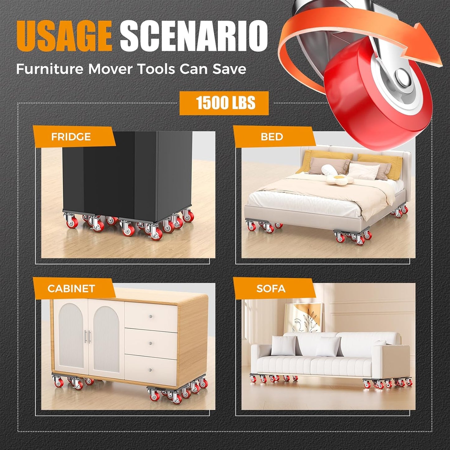 LOYAL TIGER 1500LBS Heavy Duty Furniture Dolly & Movers Set (5.4 Inch, Red) | 5-Wheel Carbon Steel Rollers with Locking Casters & Lifter. Moving Kit for Refrigerator, Washer, Sofa & Cabinet.