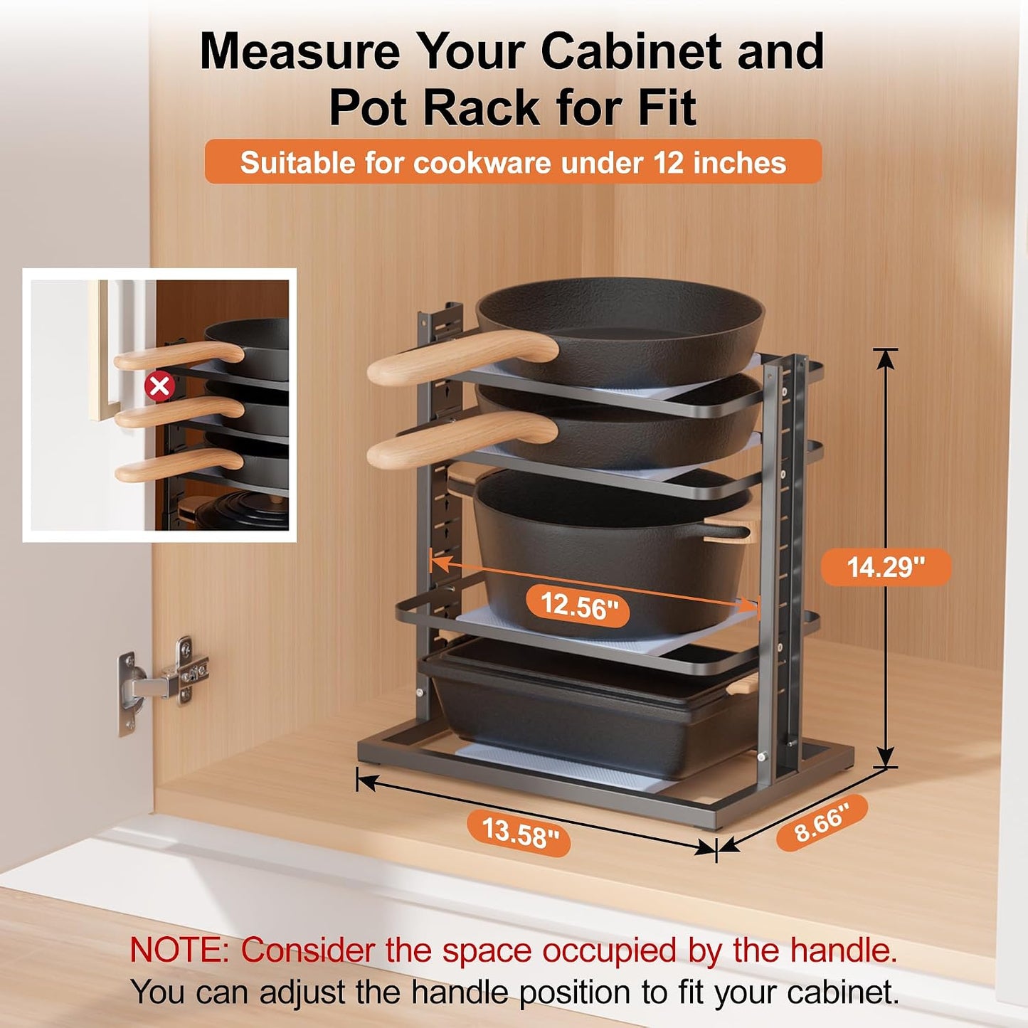 LAMU Pots and Pans Organizer for under Cabinet, 6-Tier Heavy Duty Pan Pot Organizers inside Cabinet Adjustable 14 to 24.57", Pot Rack Kitchen Cabinet Organization and Storage Holds up to 12" Cookware