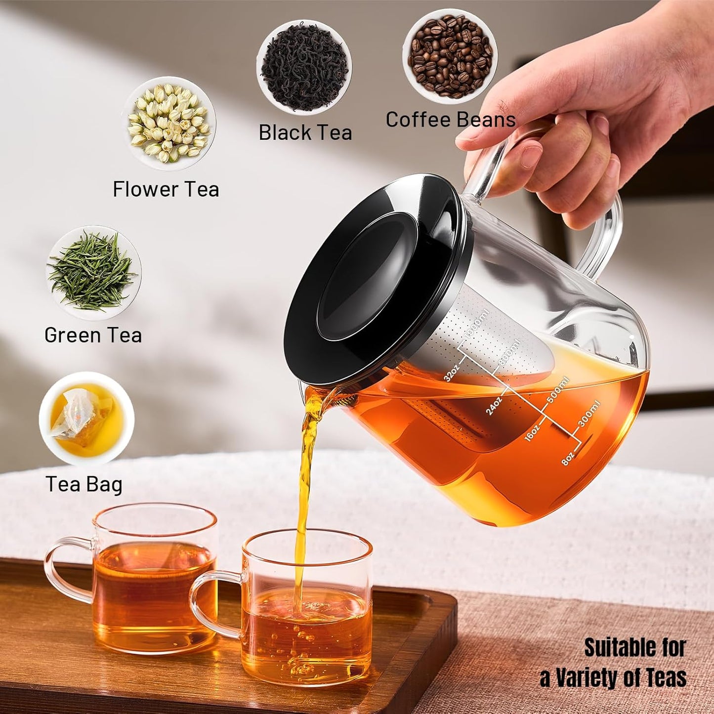 PARACITY Glass Teapot Stovetop 22 OZ/650ml, Tea pot with Removable 18/8 Stainless Steel Infuser, Borosilicate Clear Tea Kettle, Teapot Blooming and Loose Leaf Tea Maker Tea Brewer for Camping, Travel | Clear small tea kettle with infuser and tea pot with