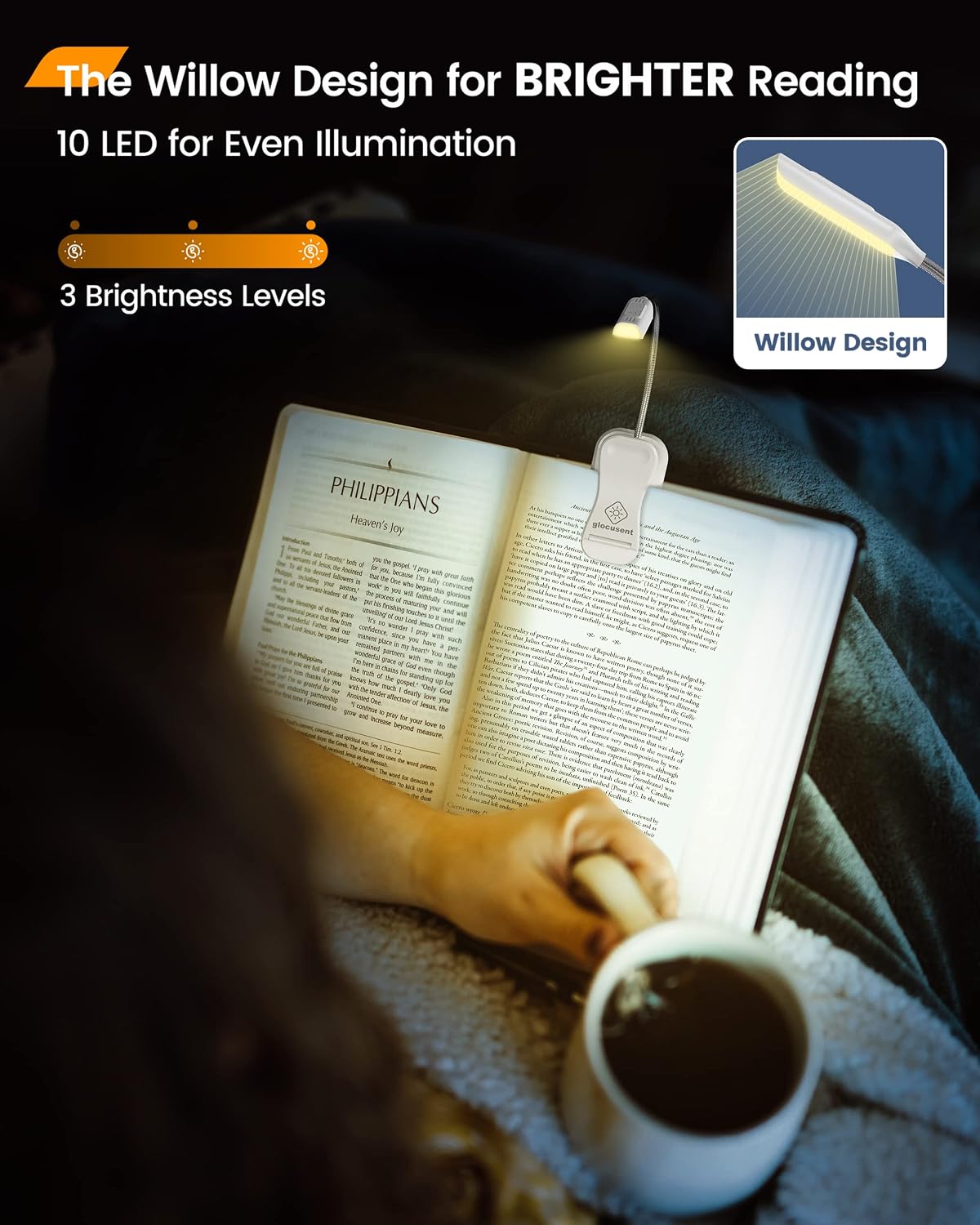 Glocusent Willow Book Light for Reading in Bed, 10 LED Bright Reading Light | 3 Colors & 3 Brightness, Rechargeable, 80Hrs, Lightweight, Clip on, Christmas Stocking Stuffers, Gifts, Book Lovers, Reader