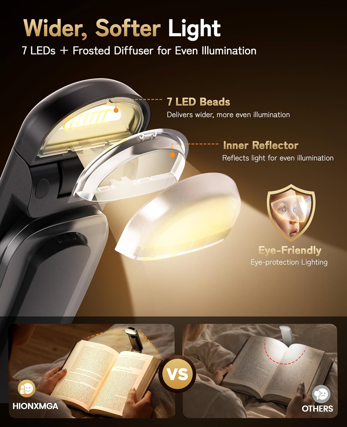 HIONXMGA Book Light Rechargeable, Eye-Care Clip on Reading Light for Books in Bed, 3 Color & Stepless Dimming, 140H Long Lasting Book Lights for Reading at Night, Gifts for Book Lovers(Black)