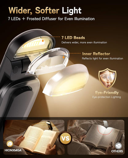 HIONXMGA Book Light Rechargeable, Eye-Care Clip on Reading Light for Books in Bed, 3 Color & Stepless Dimming, 140H Long Lasting Book Lights for Reading at Night, Gifts for Book Lovers(Black)
