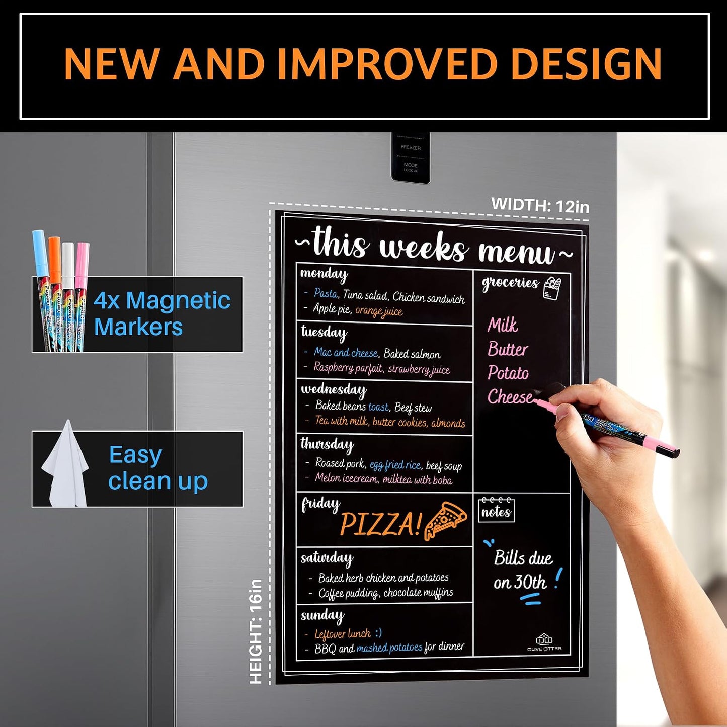 Magnetic Menu Board for The Fridge- Weekly Family Meal Planner with Bright Neon Liquid Markers- Perfect Weekly Planner, Magnetic Dry Erase Board for Meal Planning Grocery List Notes Do List- 12"x 16"