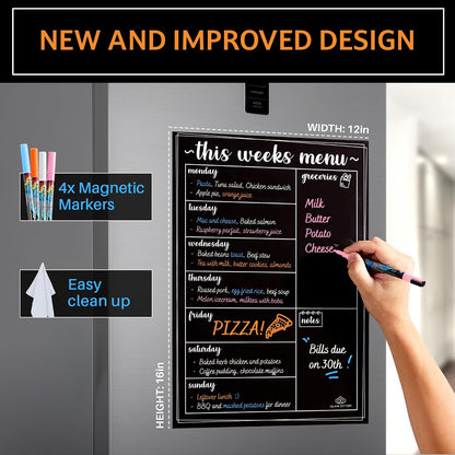 Magnetic Menu Board for The Fridge- Weekly Family Meal Planner with Bright Neon Liquid Markers- Perfect Weekly Planner, Magnetic Dry Erase Board for Meal Planning Grocery List Notes Do List- 12"x 16"