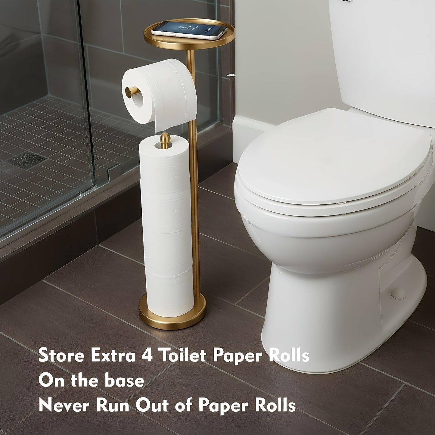 Gold Toilet Paper Holder with Shelf, Tissue Roll Holder Stand with Storage for Holding Extra 4 Toilet Paper Rolls, Stainless Steel Rustproof Freestanding (Brushed Gold)