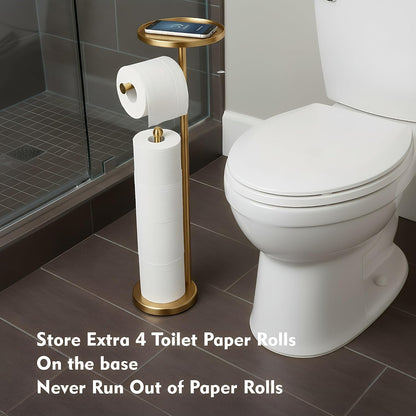 Gold Toilet Paper Holder with Shelf, Tissue Roll Holder Stand with Storage for Holding Extra 4 Toilet Paper Rolls, Stainless Steel Rustproof Freestanding (Brushed Gold)