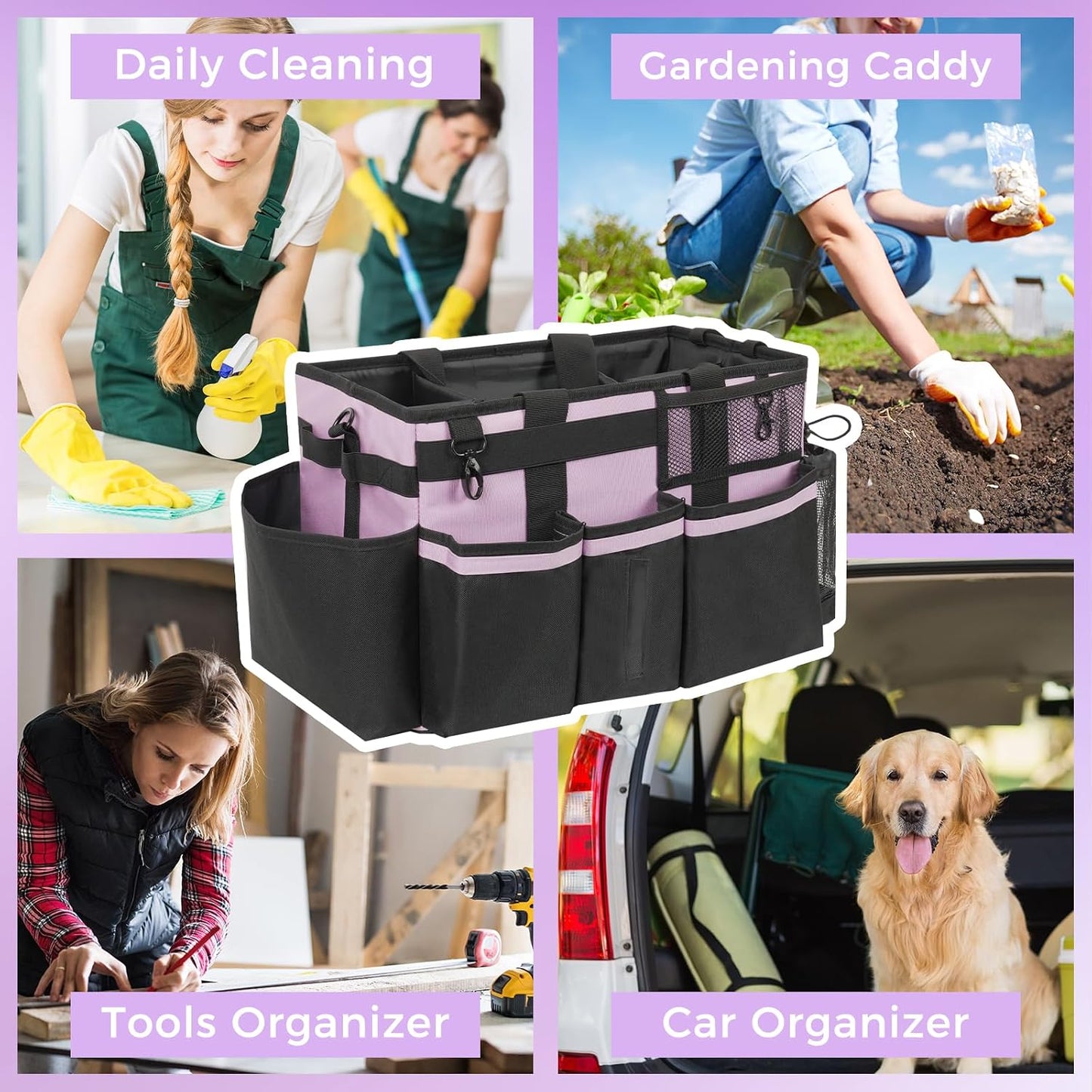 SCAVATA Wearable Cleaning Caddy, Cleaning Caddy Supplies Organizer with Handle & Shoulder Straps for Housekeepers, Under Sink & Car Cleaning Tool Organizers Bag with 4 Foldable Divider (NavyBlue)