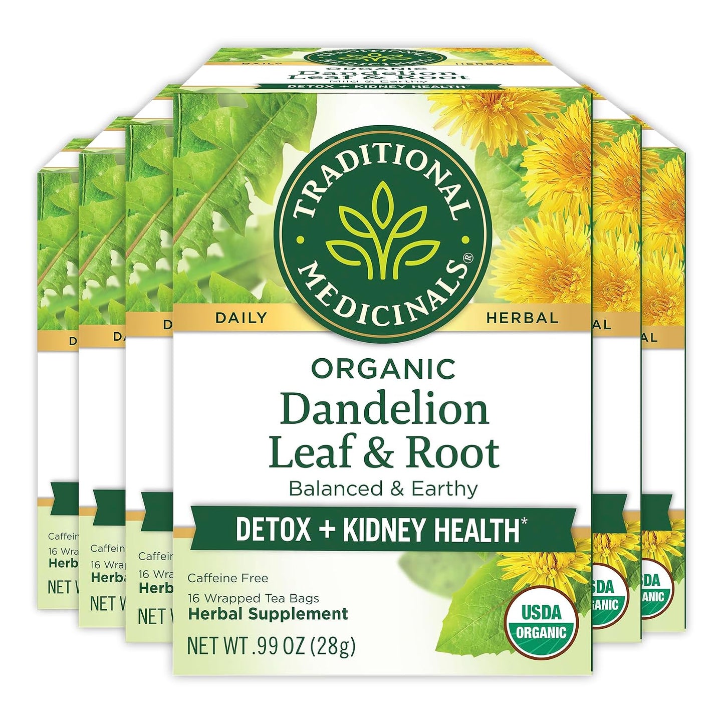 Traditional Medicinals Organic, Dandelion Leaf & Root - Dandelion Root Tea, Supports Normal Detox + Digestion - Kosher, Non-GMO, Caffeine-Free, Compostable - 16 Tea Bags