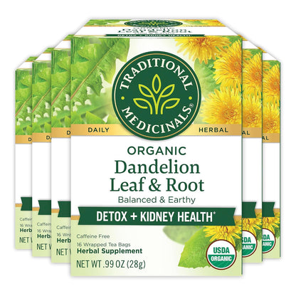 Traditional Medicinals Organic, Dandelion Leaf & Root - Dandelion Root Tea, Supports Normal Detox + Digestion - Kosher, Non-GMO, Caffeine-Free, Compostable - 16 Tea Bags