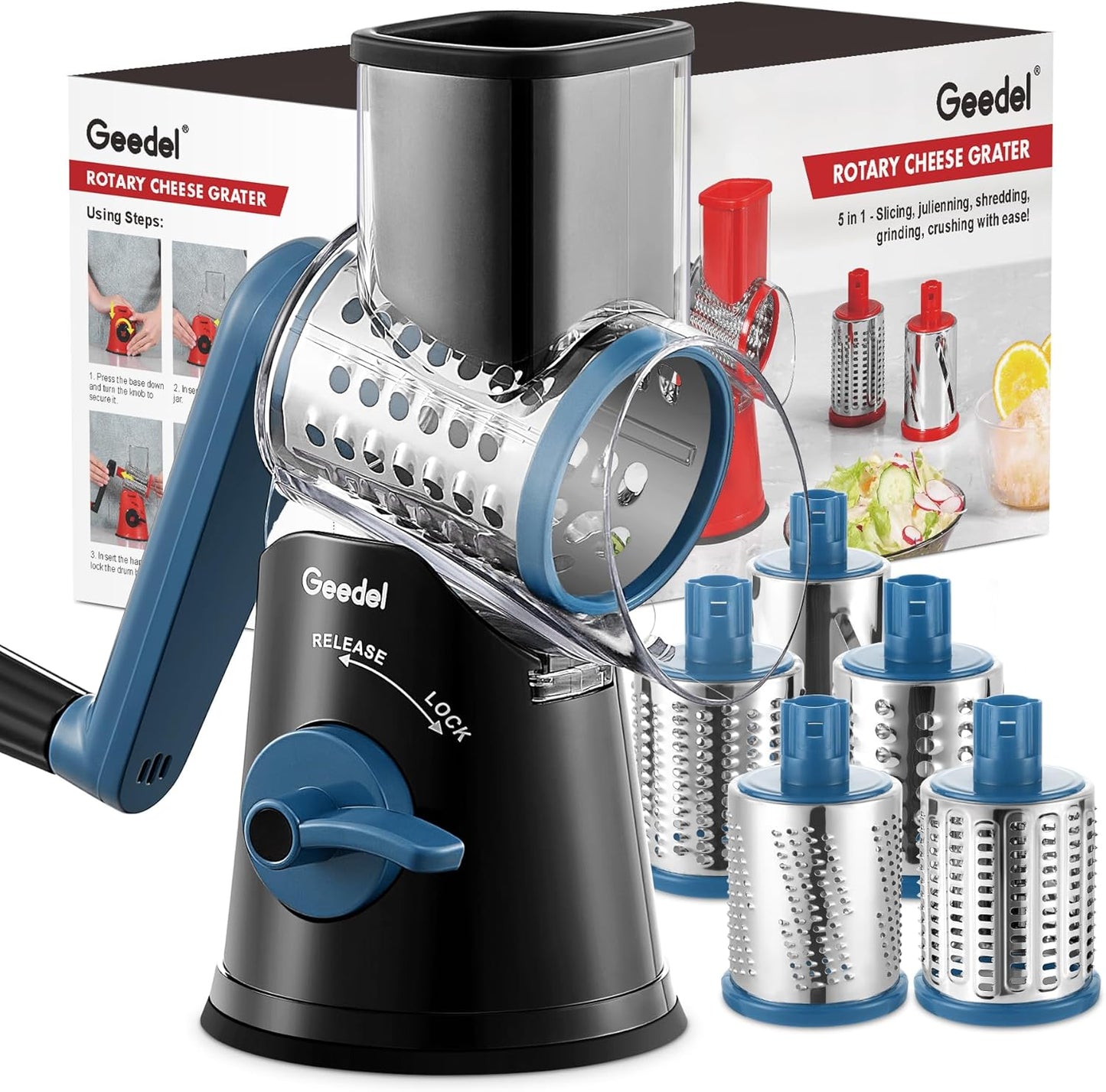 Geedel Rotary Cheese Grater, Kitchen Mandoline Vegetable Slicer with 3 Interchangeable Blades, Easy to Clean Rotary Grater Slicer for Fruit, Vegetables, Nuts | 3 Blades, 430 Stainless Steel, 12x Fast Cutting, Strong Suction Base, No BPA, Dishwasher Safe,