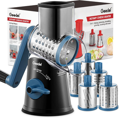 Geedel Rotary Cheese Grater, Kitchen Mandoline Vegetable Slicer with 3 Interchangeable Blades, Easy to Clean Rotary Grater Slicer for Fruit, Vegetables, Nuts | 3 Blades, 430 Stainless Steel, 12x Fast Cutting, Strong Suction Base, No BPA, Dishwasher Safe,