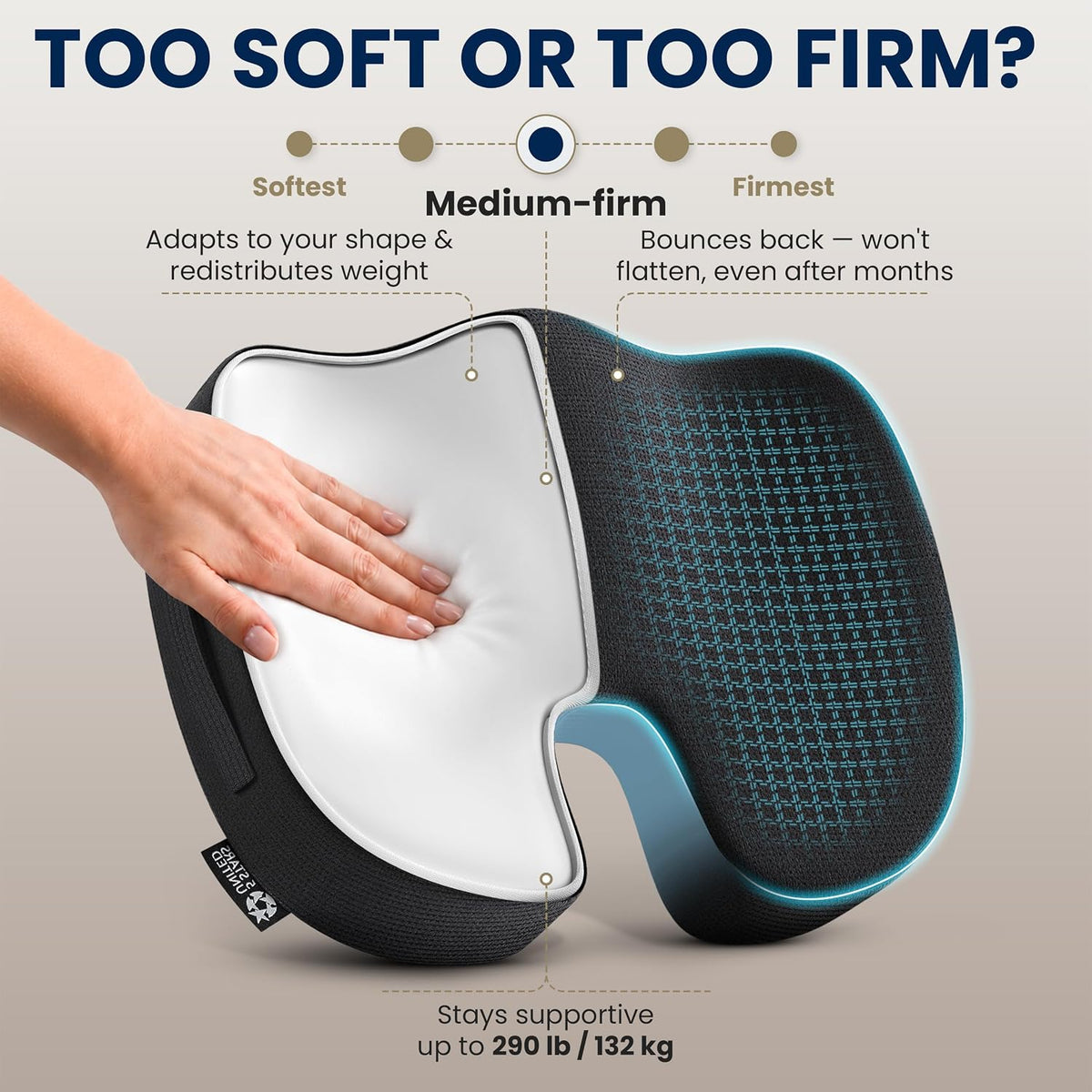 5 STARS UNITED Seat Cushion - Memory Foam Chair Cushion for Tailbone Pain Relief - Ergonomic Support for Coccyx, Sciatica & Butt - Office, Desk & Gaming Chair, Car Seat, Wheelchair, Airplane, Black