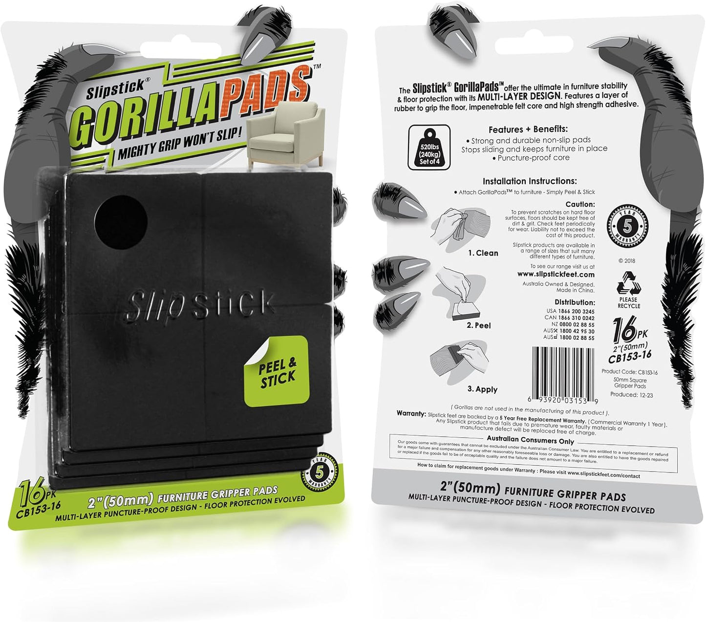 Slipstick GorillaPads CB147 Non Slip Furniture Pads/Gripper Feet (Set of 16) Self Adhesive Rubber Floor Protectors, 1 inch Round, Black