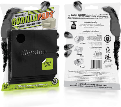 Slipstick GorillaPads CB147 Non Slip Furniture Pads/Gripper Feet (Set of 16) Self Adhesive Rubber Floor Protectors, 1 inch Round, Black