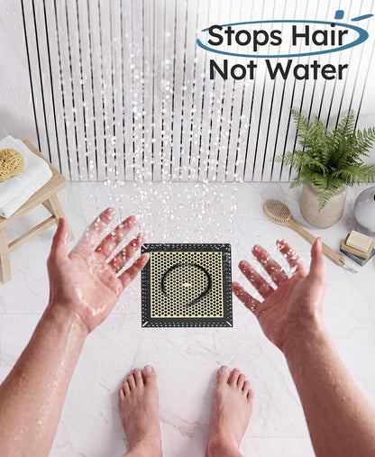 Square Shower Drain Hair Catcher, Anti-Clogging, Gray, 4 inch | Fast Drainage, Anti-Slip & Stays in Place, Stainless Steel & TPE Material, Easy Clean Fits Bathroom Hair Catcher for Shower